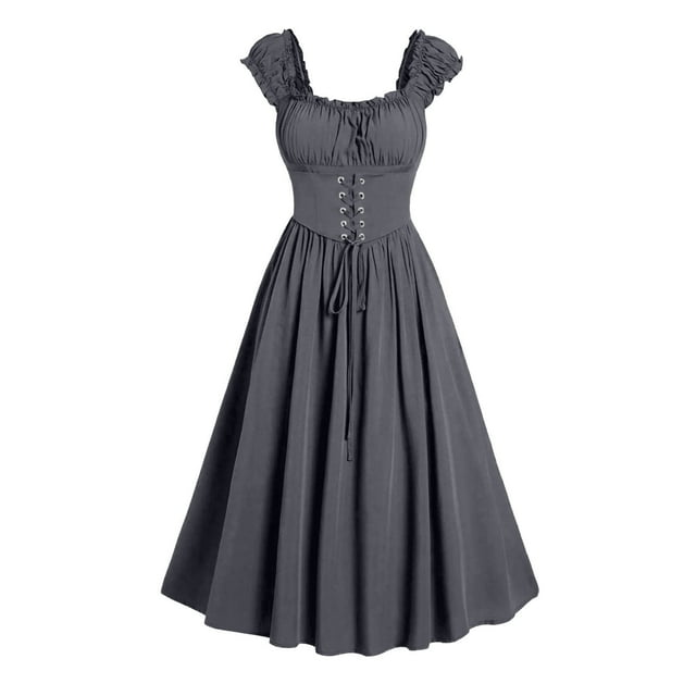 Kaemgyyd Robe Corset pour Femmes Renaissance Vintage à Manches Courtes Bouffantes Robe Midi Mignonne Ligne A Fluide Rétro Robes d'Été pour Fête