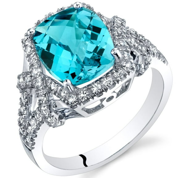 PEORA Swiss Blue Topaz Imperial Ring for Women 14K White Gold, Genuine Gemstone, 3.50 Carats Cushion Cut 10x8mm, Size 7