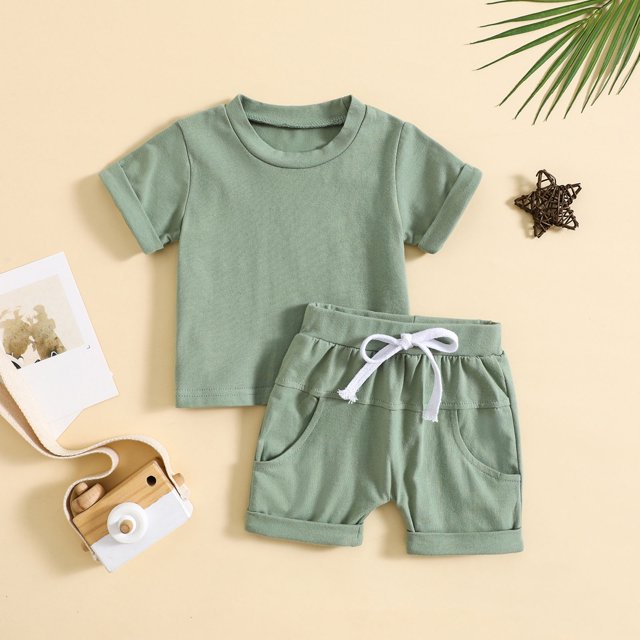 Toddler Baby Summer Clothes Solid Color Short Sleeve Round Neck T-Shirt with Shorts 2pcs Outfit
