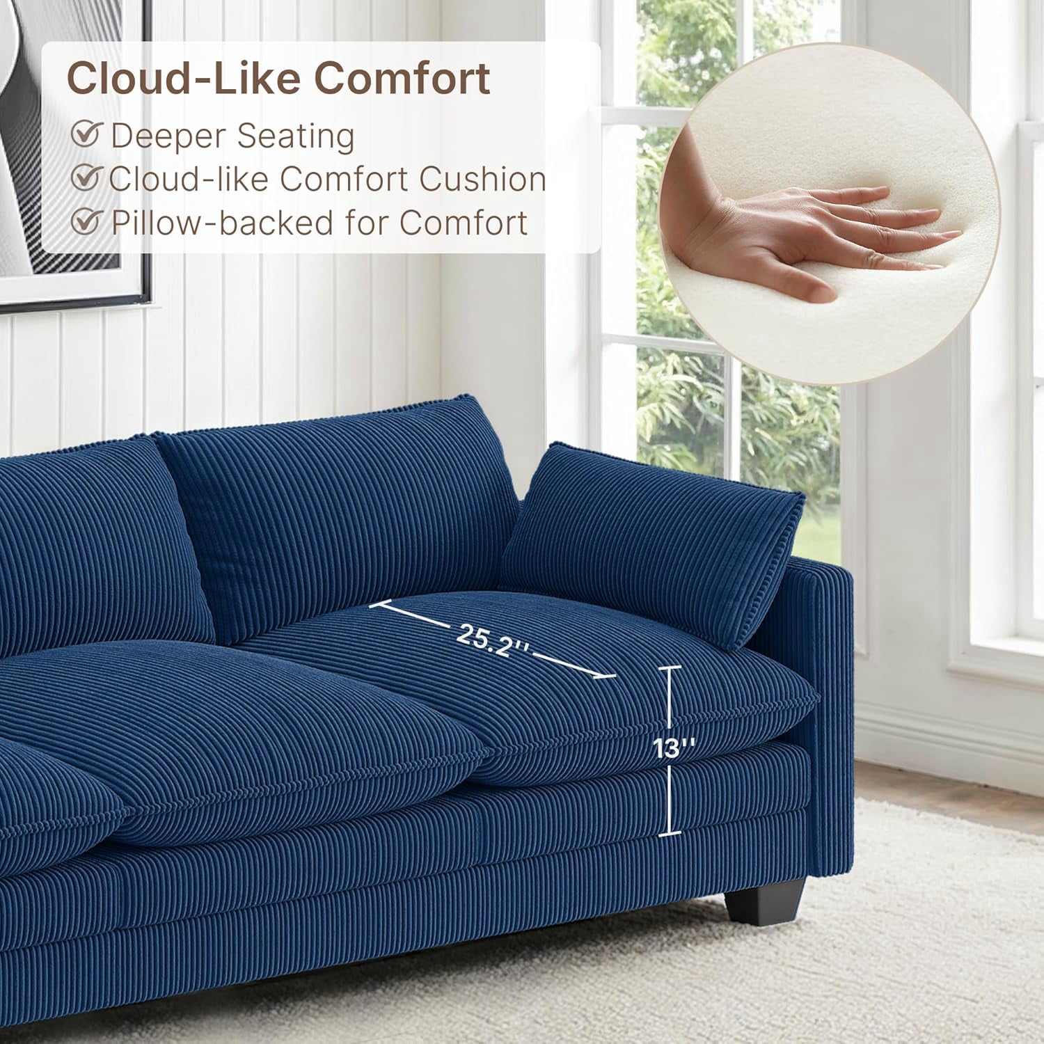 Noelse 110" L Shaped Sofa Couch Modular Sectional Cloud Couch with Movable Ottoman, 3-Seater Comfy Corduroy Deep Seat Sofa with 2 Pillows for Living Room, Bedroom, Blue, Clearance