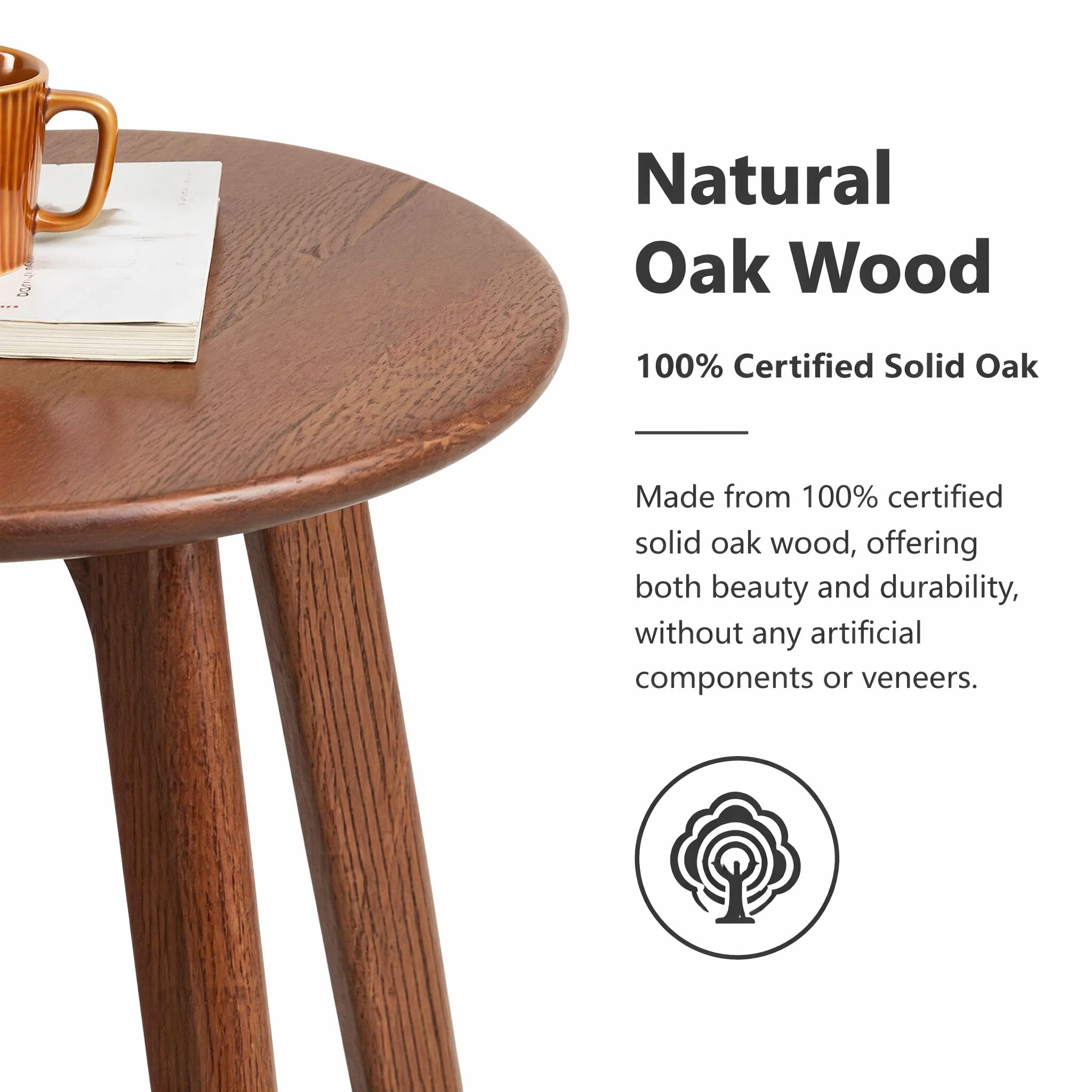 MAYEERTY Solid Oak Wood Round End Table, Mid-Century Modern Small for Apartment Living Room Bedroom Balcony Small Spaces