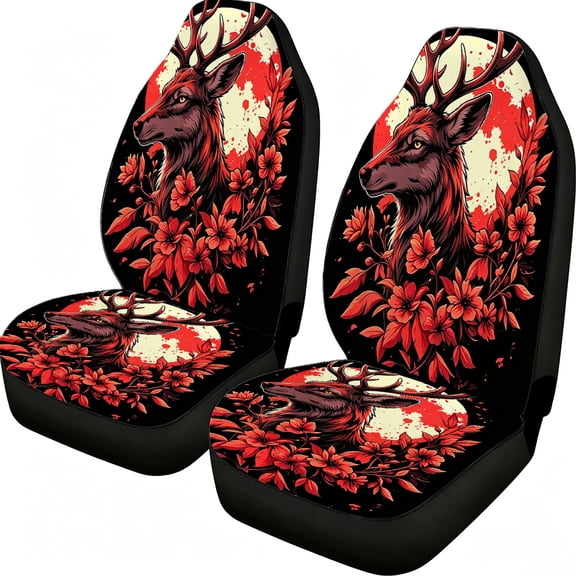 Odenmar Red Deer Floral Car Seat Covers, 2-Piece Front Seat Mesh Fabric Protectors, Universal Fit for Cars Trucks Vans Suvs
