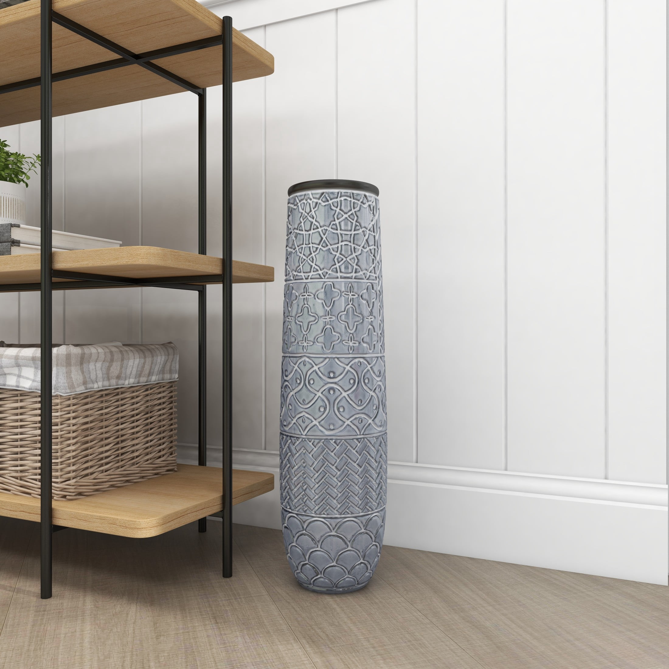DecMode Gray Eclectic Ceramic Decorative Vase with Chevron, Scribbles, Curved Scales and Scrolling Vines Pattern, 7"W x 22"H