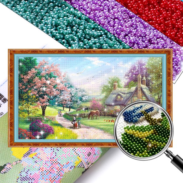 Kit Punto Cruz Con Flores Primavera Cuentas Bordado Parcial 9CT 86x48cm