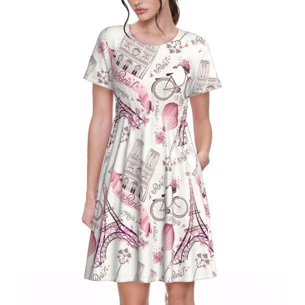 Disketp Romantic Travel In Paris para Vestido de Manga Corta para Mujeres, Vestidos de Verano para Mujeres, Casual y Holgado para la Playa