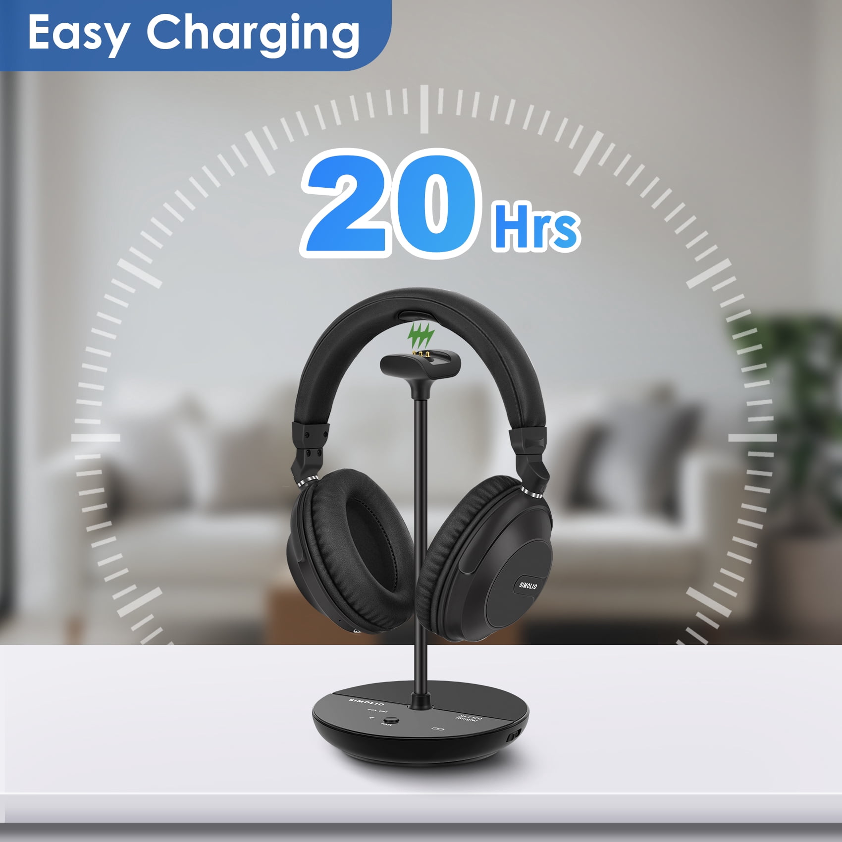 SIMOLIO Wireless TV Headphones for Seniors w/ Transmitter, Wireless Headphones for TV with Clear Dialogue, 164FT/50M, SM-737D1