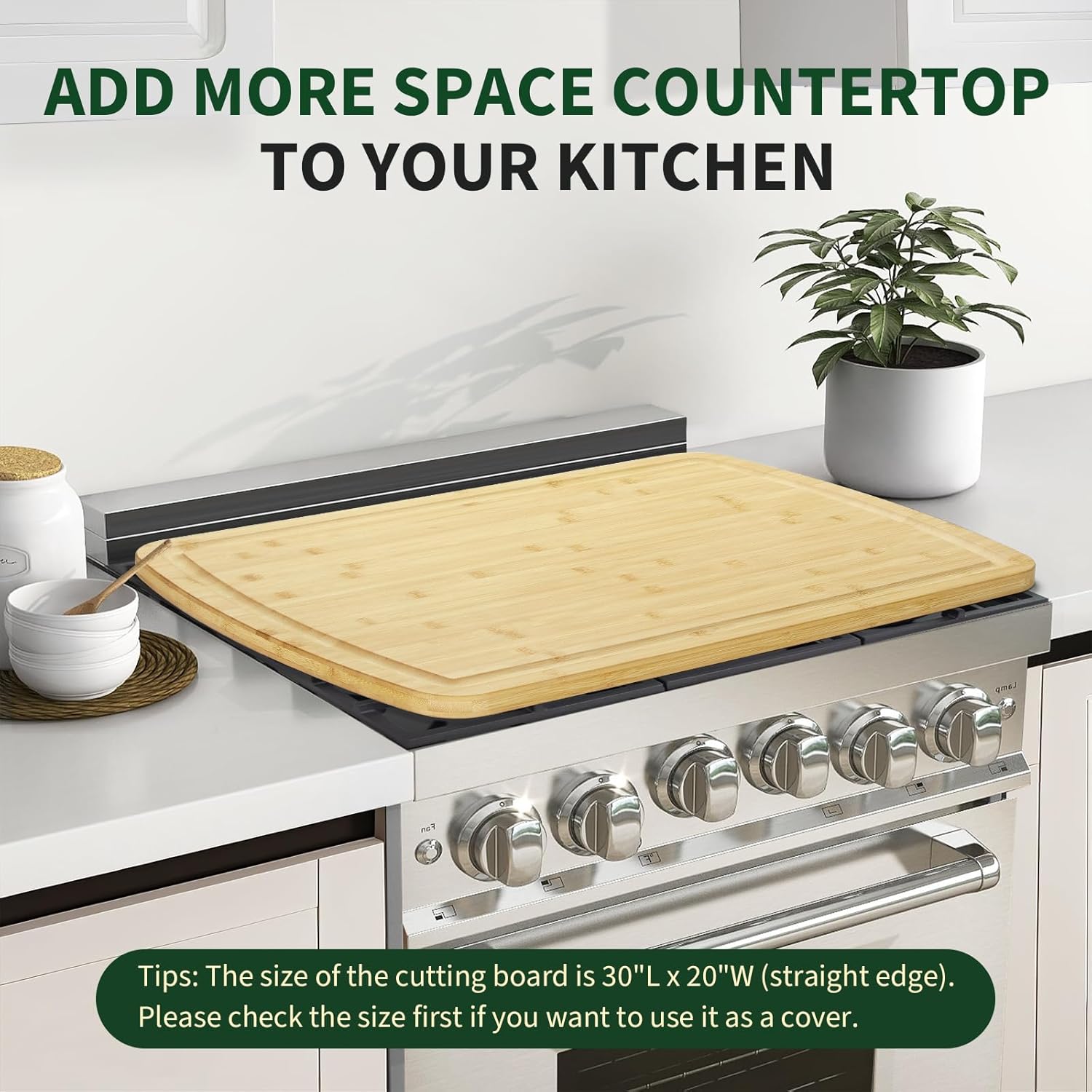 30"x20" Extra Large Bamboo Cutting Board， Wood Gas Stove Top Cover, Chopping Board with Deep Juice Grooves, Reversible & Non-Slip