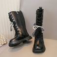thumbnail image 2 of Girls Tall Riding Boots Elegant Pearl Bow Strappy Knee High Combat Boots Lace up Zipper Lug Sole Long Booties Black 2.5 Big Kid, 2 of 6