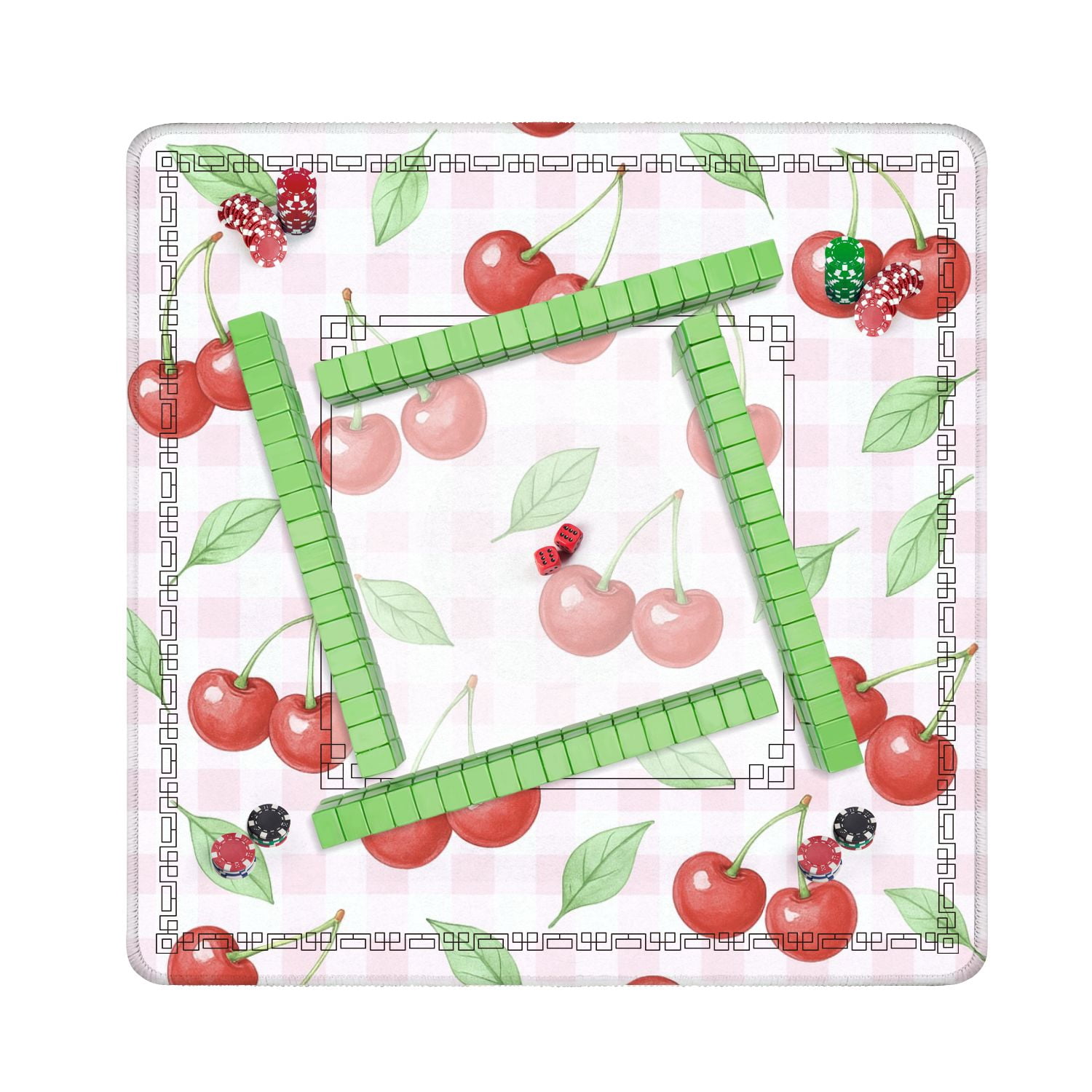 Mahjong Mat 31.5" x 31.5" Red Cherries Green Leaves Pink Gingham Non-Slip Noise Reduction American Mahjong Tiles Table Cover for Dominoes Poker Card Board Games Gift