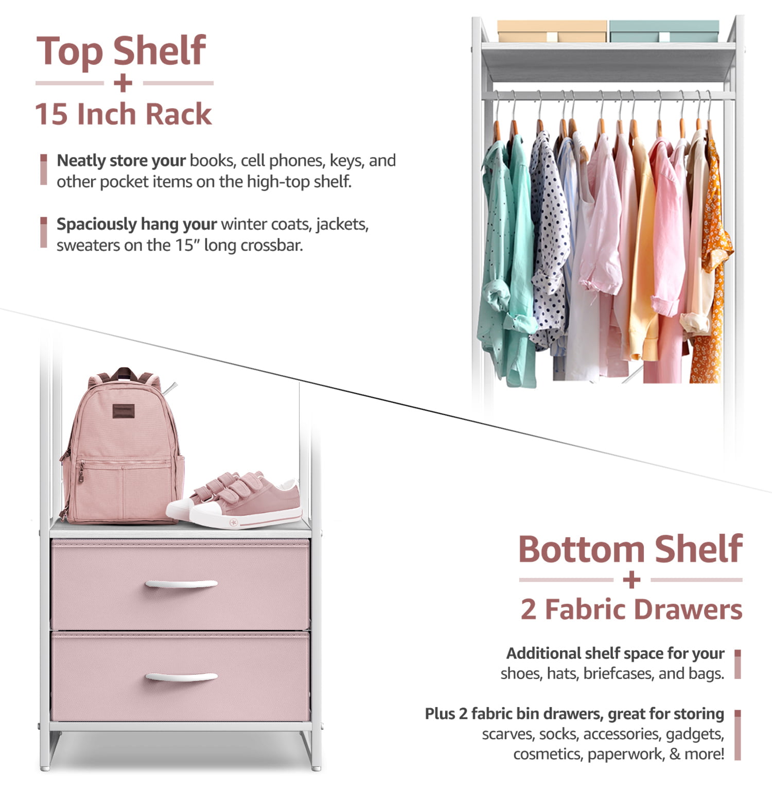 Pink Wooden Side Cabinet Open Organizer Shelves Utility Door Cabinet with Clothes Rail Wardrobe(51.02 x 15.98 x 31.3)
