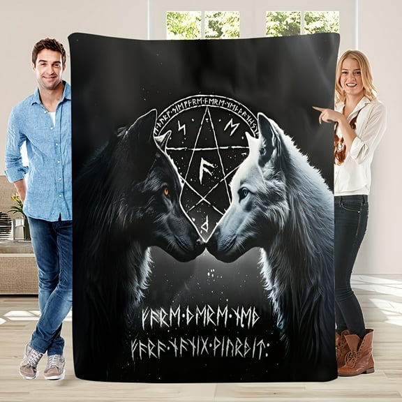 1pc Comfortable Mystery Rune Decorated Black and White Double Wolf Theme Pattern Print Flannel Blanket, Fashionable, Soft, Warm