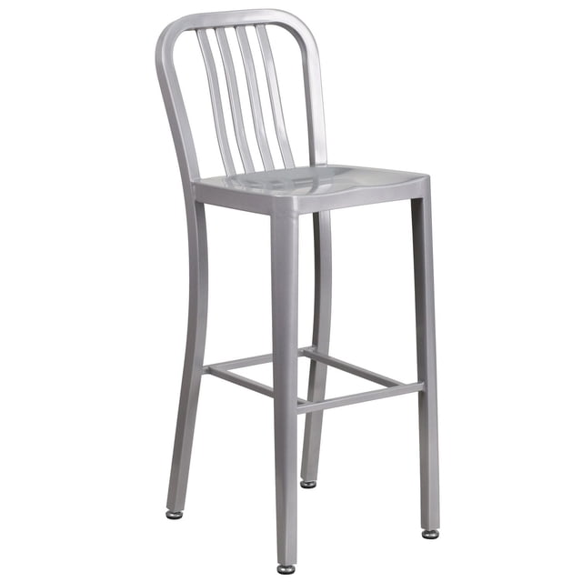 30'' High Silver Metal Indoor-Outdoor Barstool with Vertical Slat Back
