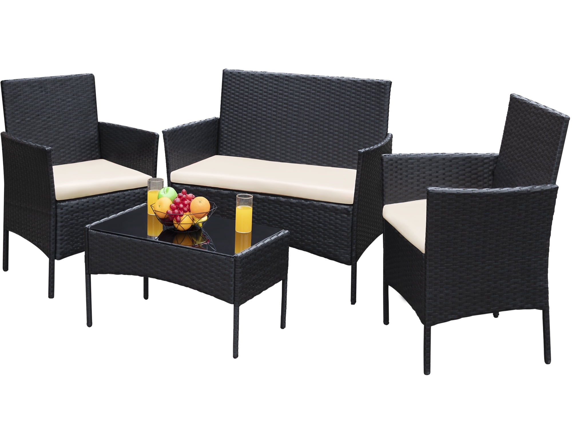 Devoko 4 Pieces Outdoor Patio Conversation Set PE Rattan Wicker Furniture Set, Black/Beige