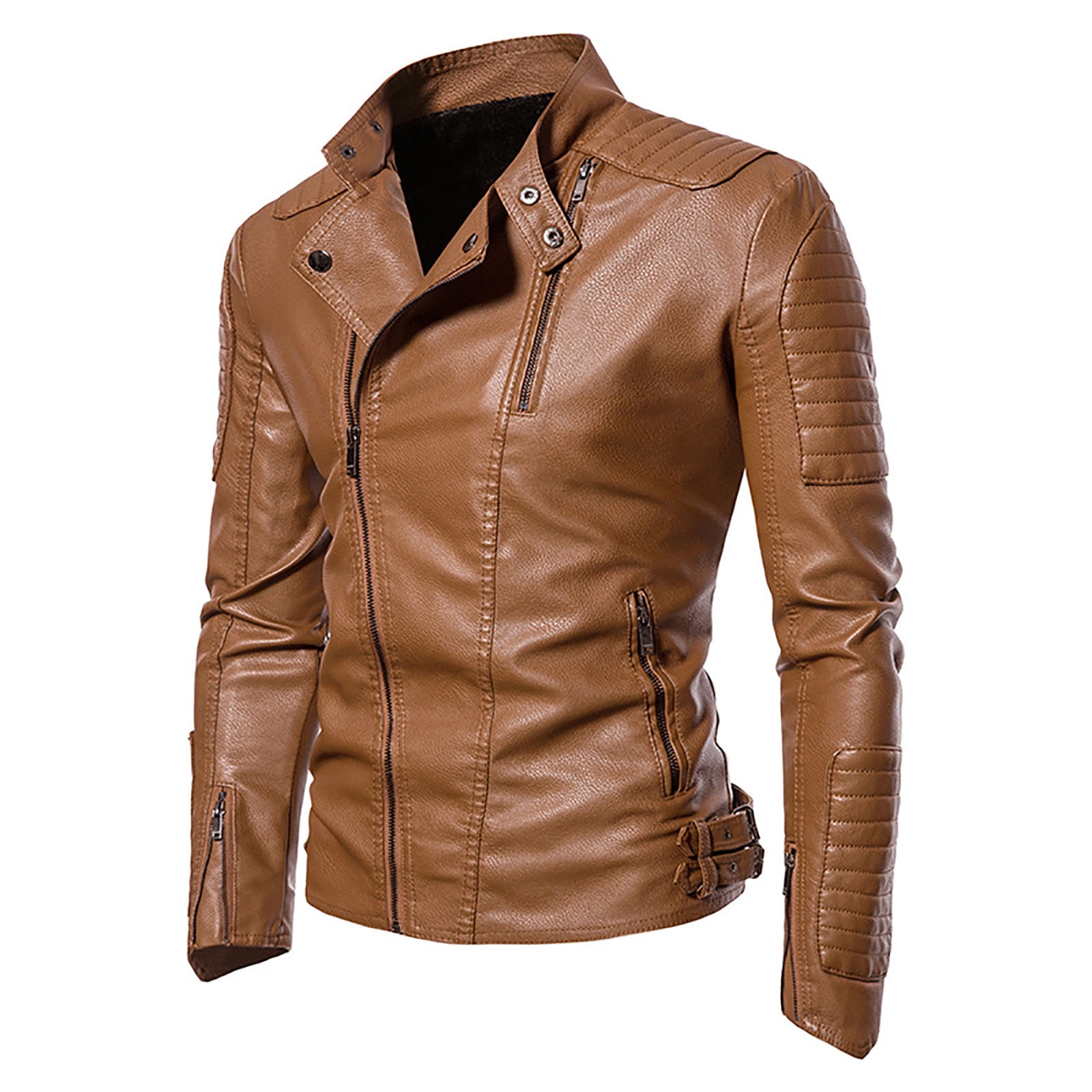 BVnarty Men's Solid Color Lapel Leather Motorcycle Jacket