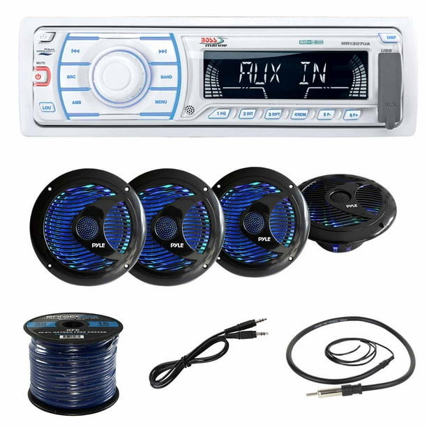Boss Marine 1Din Mechless Receiver with Boss 3' MaleMale Aux Cable, Pyle 6.5'' WP Marine