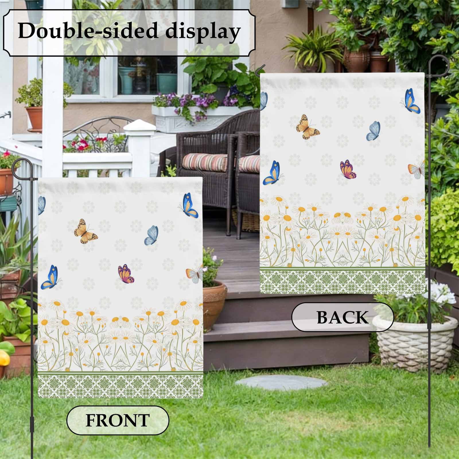 Spring Daisy Flower House Flag 28 x 40 Inches, Blue Butterflies Green Floral Plaid Weather Proof Outdoor Patio Flags Double Sided Small House Decoration for Yard Lawn Outside Home