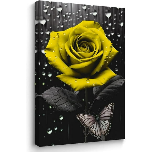 Rose Canvas Wall Art Black Blue Floral with Butterfly Painting Dark Romance Rose Pictures for Bedroom Bathroom Decor Framed ，Dimensions: 50 x 70 cm, frame not included.,D