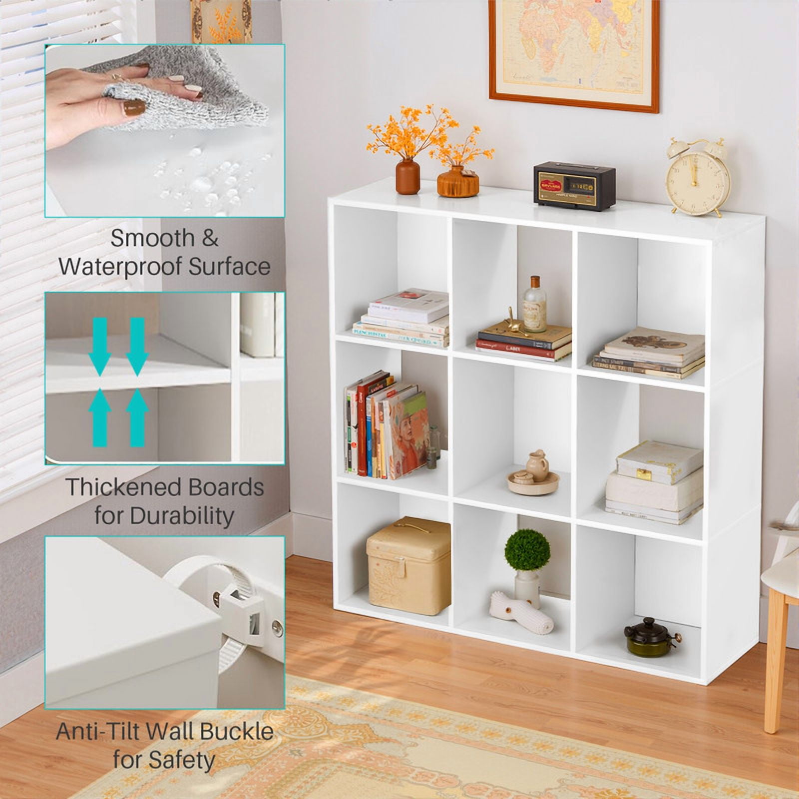 TINKLE WELL 9-Cube Storage Shelf Organizer, Bookcase with Removable Back Panels, Adjustable White Wood Bookcase for Living Room, Home Office, White