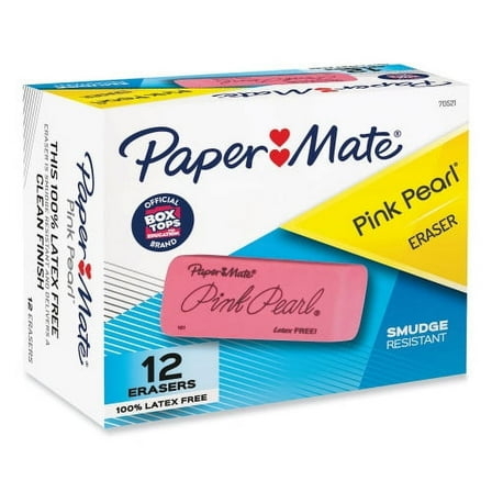 Paper Mate Pink Pearl Eraser, For Pencil Marks, Rectangular Block, Large, Pink, 12/Box, Each
