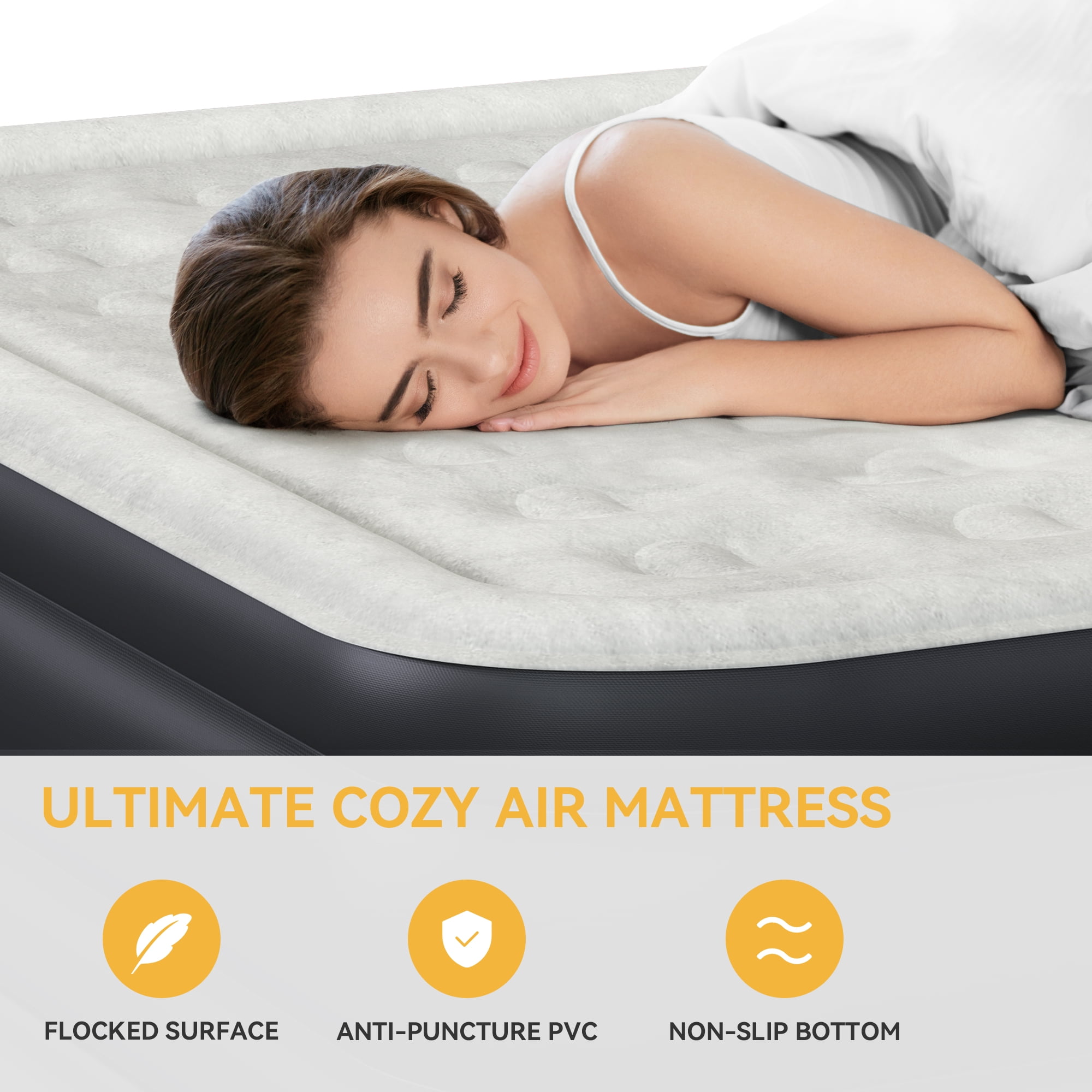 Dextrus Queen Size Air Bed with Detachable Headboard & Integrated Pump, 18in Inflatable Mattress with Accessories for Home, Outdoors, and Travel