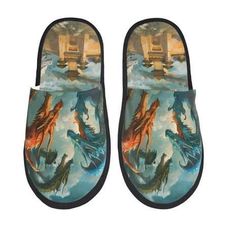 Balery Red Blue Dragon Battle Epic Slient Indoor Furry Fleece Comfort House Shoes Soft Non-Slip Home Shoes Cotton slippers House Slippers-- Large