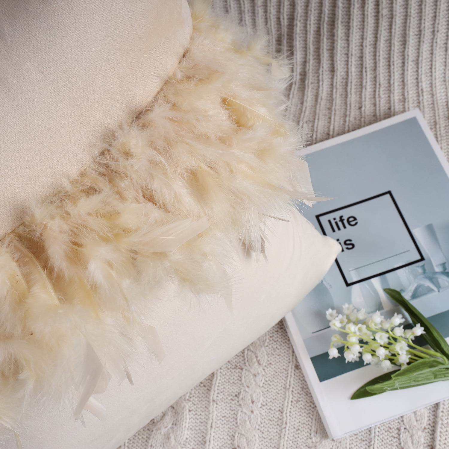 Phantoscope Feather Velvet Decorative Throw Pillows, 18 x 18 in, Beige, 2 Pack