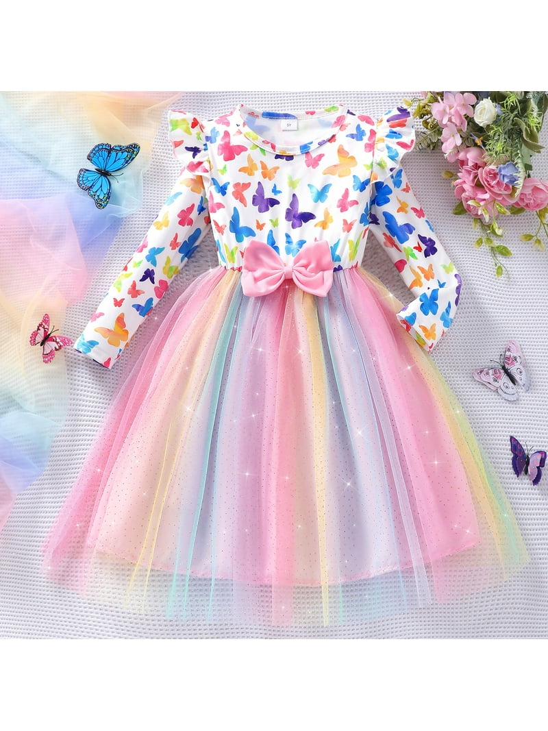 Wibacker Little Girls Butterfly Tulle Dresses Toddler Kids Long Sleeve Sparkle Tutu Dress Party Festival Dress 4T