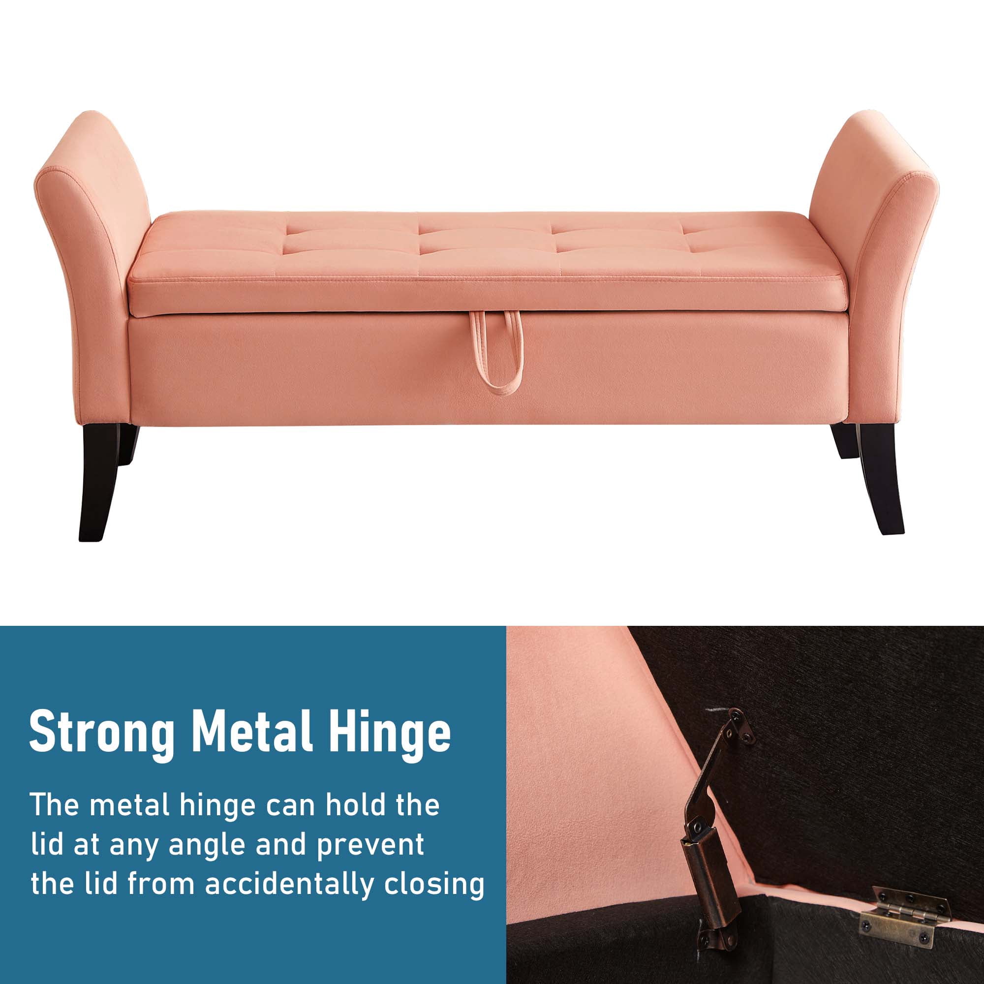 Aukfa End of Bed Bench with Curved Arms, 51.5" Velvet Tufted Upholstered Storage Ottoman Entryway Bench - Pink