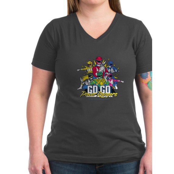 CafePress - Go Go Power Rangers Group S Women's V Neck T Shirt - Women's V-Neck Dark T-Shirt