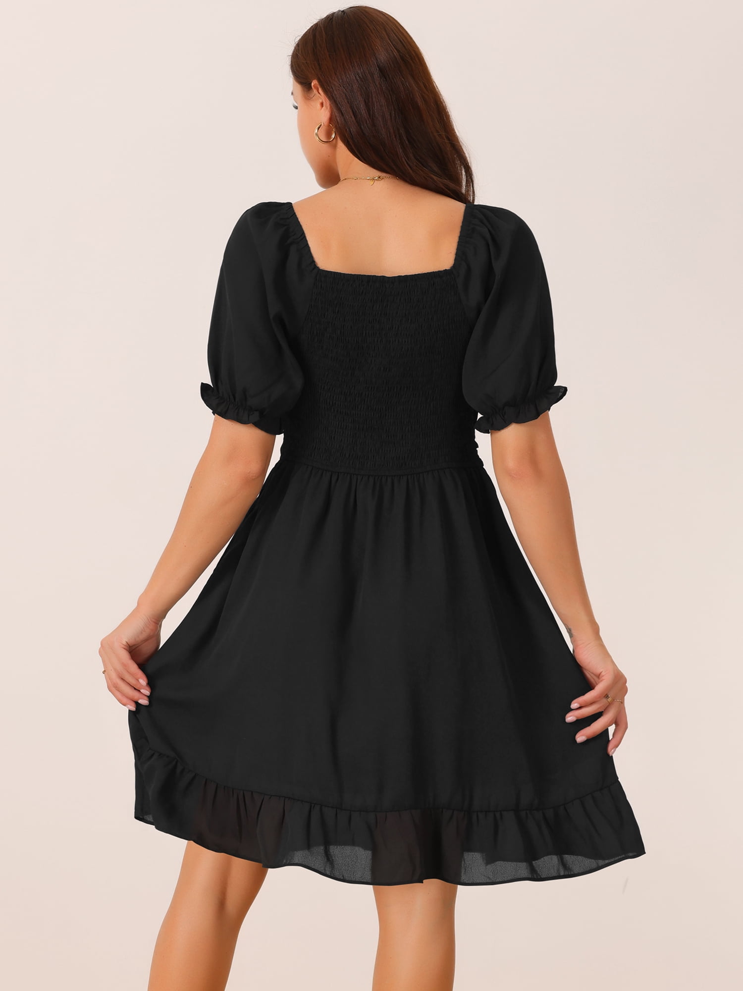 DARING DIVA Women's Summer Casual Square Neck Puff Short Sleeve Ruffle Dress XL Black