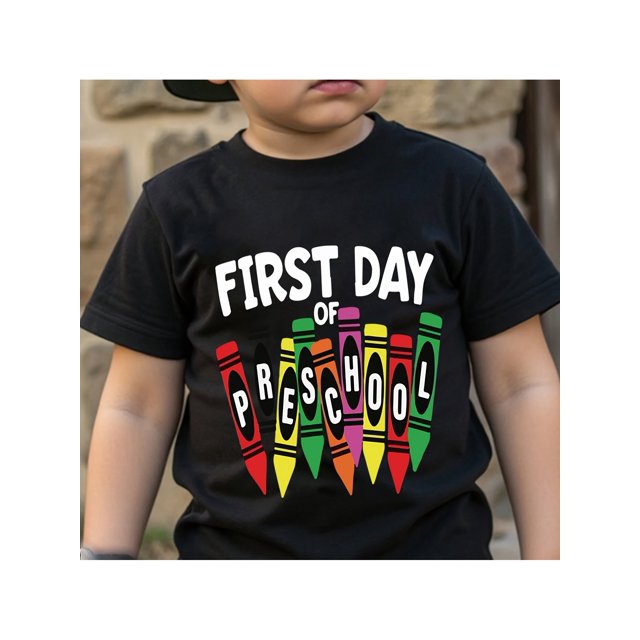 First Day of Preschool Boys' Graphic T-Shirt - Colorful Crayon & Amp; Letter Print, 100% Cotton Soft Round Neck Short Sleeve, Loose Fit Casual Summer Top for Back-to-School Celebration & Amp