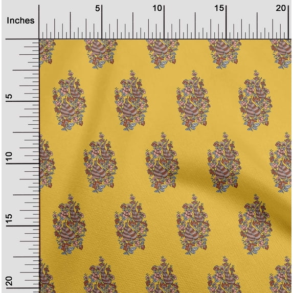 oneOone Cotton Silk Yellow Fabric Leaves & Floral Block Sewing Material Print Fabric By The Yard 42 Inch Wide