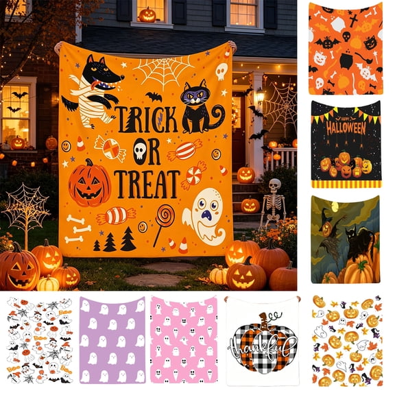 Yeciiwht Halloween Print Throw Blanket – "Trick or Treat" Decorative Blanket with Ghost Pumpkin Skull Pattern, Soft Flannel Portable Nap Blankets for Holiday Decor