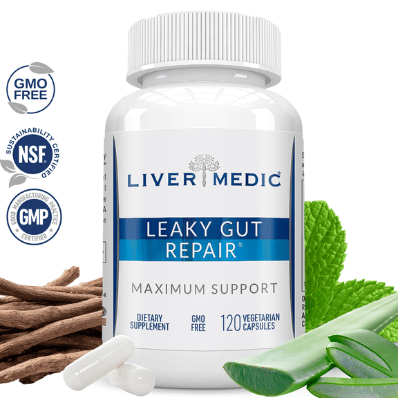 Liver Medic Leaky Gut Repair Max Support, Gut Health Supplement L-Glutamine, NAG, Aloe, Slippery Elm Bark, for IBS, Heartburn, GERD, Non-GMO (120 Caps)