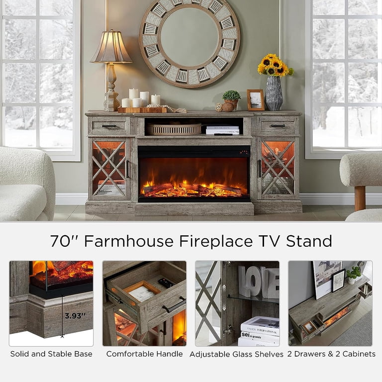 OKD 3-Sided Glass Farmhouse 70 Fireplace TV Stand for TVs up to 80,  Highboy Entertainment Center with 36 Electric Fireplace, Light Rustic Oak  - Walmart.com