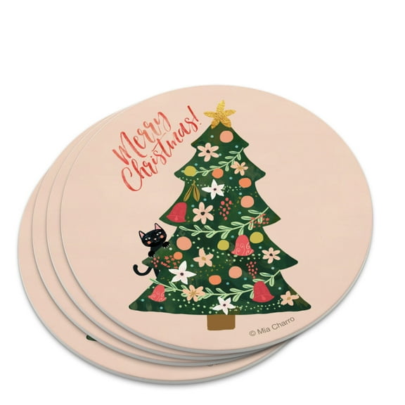 Christmas Tree with Cat Novelty Coaster Set