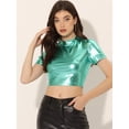 thumbnail image 4 of Disfraz de navidad Allegra K Top corto metalizado de manga corta con cuello alto para mujer Menta Verde L, 4 of 6