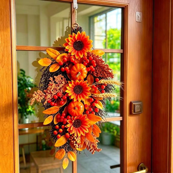 Fall Wreath for Front Door,21.6" Length Harvest Autumn Door Wreath with Pinecone Pumpkin Sunflower Farmhouse Thanksgiving Indoor Outdoor Fall Decor