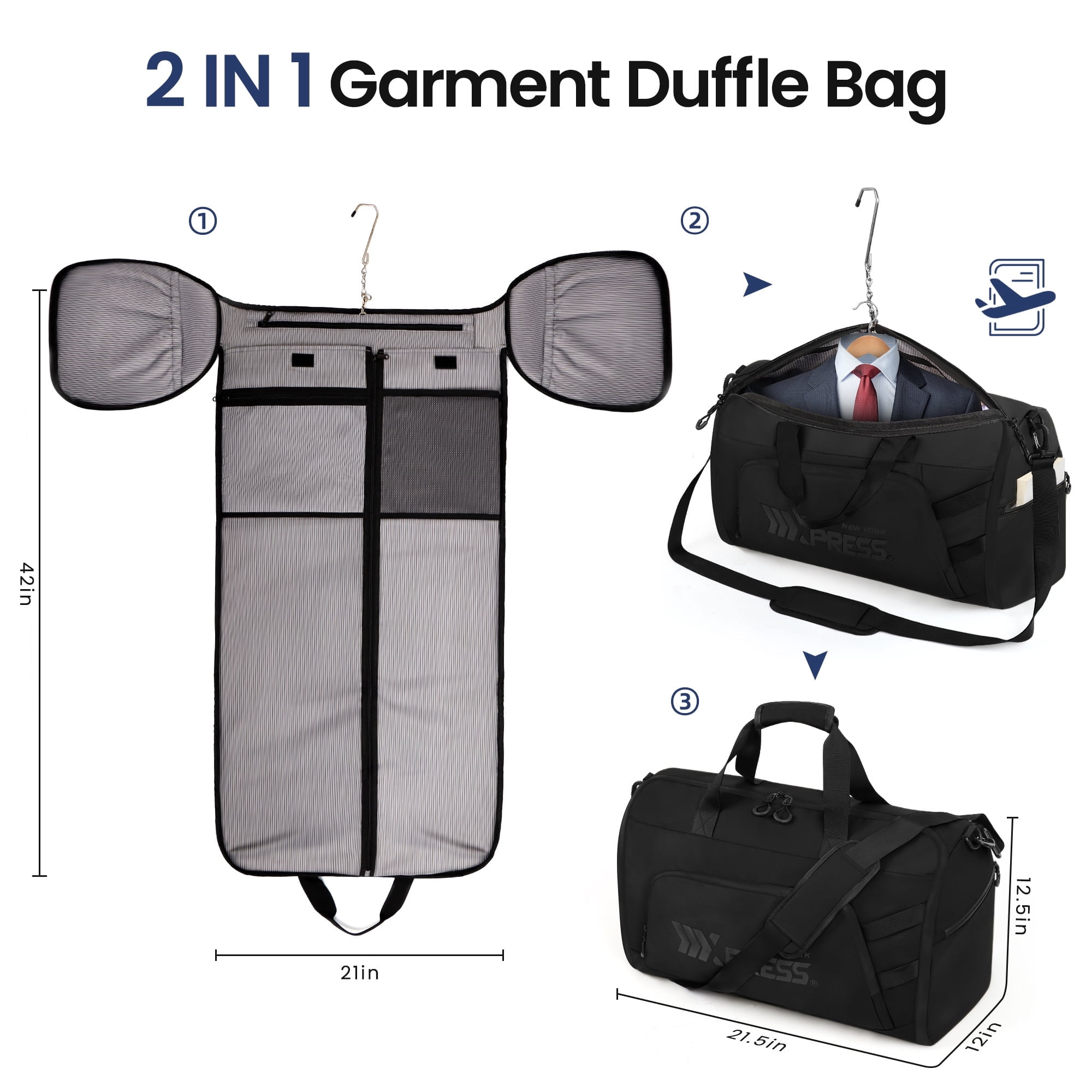 Convertible Garment Duffel Bag with Shoulder Strap, Foldable Duffle Bag for Men Women, 2-in-1 Hanging Suitcase Suit Travel Bag, Black - GB261