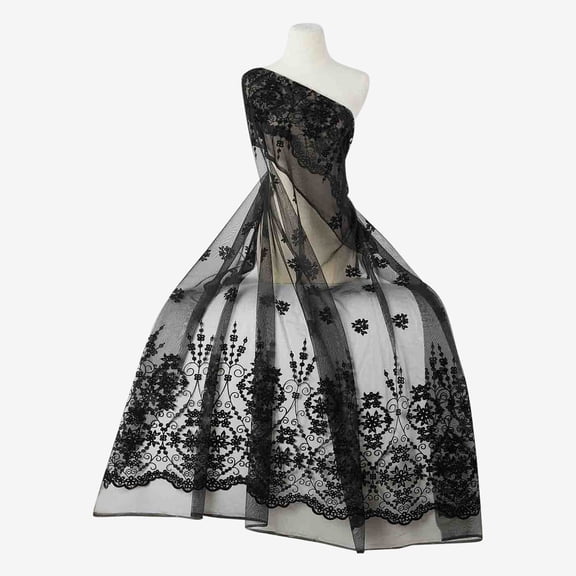 Zelouf Double Border W/glitter Mixed On Net  , Sewing, DIY, Crafts Fabric by the Yard, Blk/blk/silver, 3 Yard