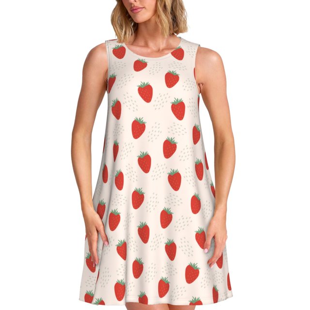 Balery Hand Drawn Strawberry Vestidos de verano para mujer con estampado: vestido holgado sin mangas, vestido playero informal y cómodo para días calurosos.
