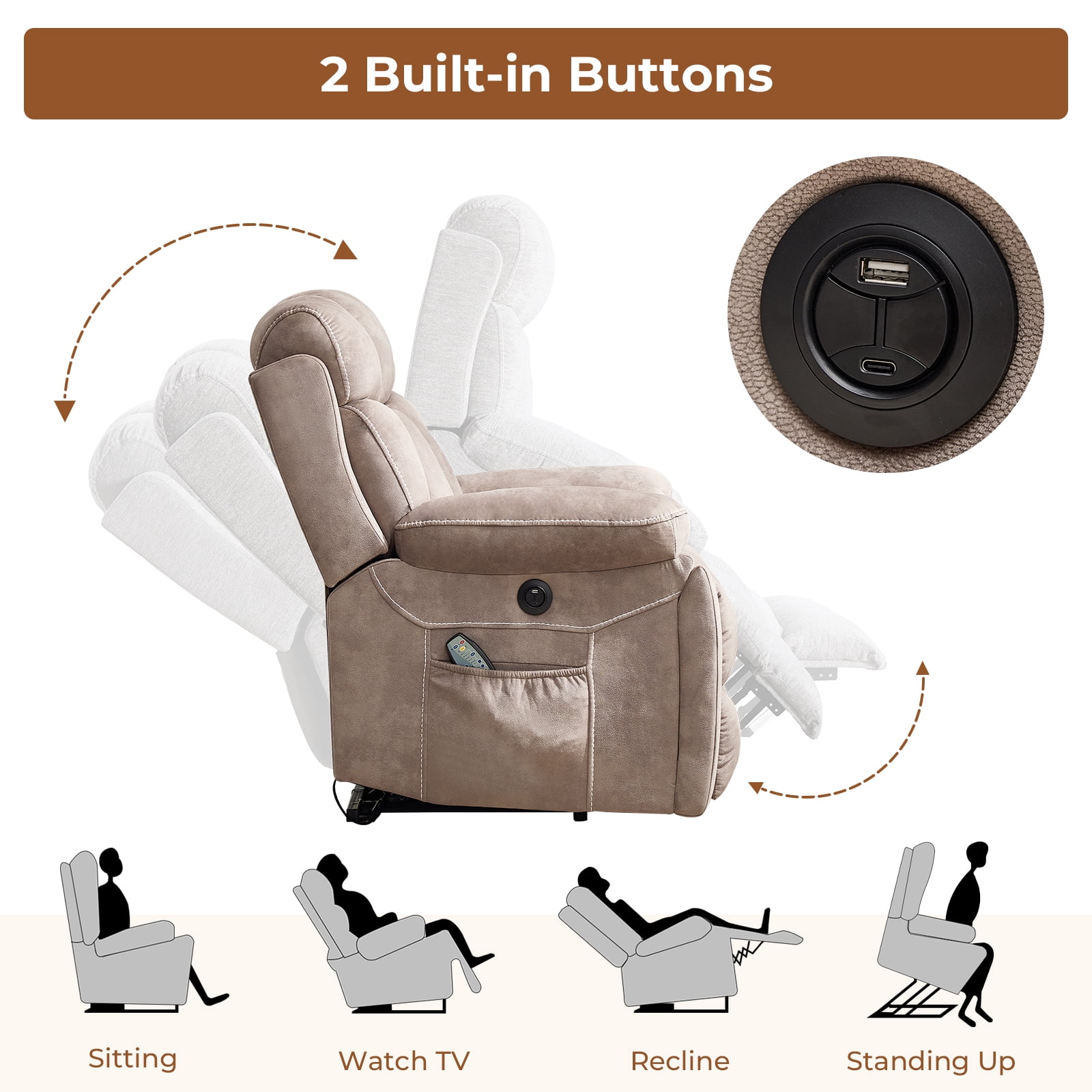 Bonzy Home Oversized Power Lift Recliner — Electric Lift Chair with Massage & Lumbar Heat, USB Port, Cup Holders & Side Pockets, Brown