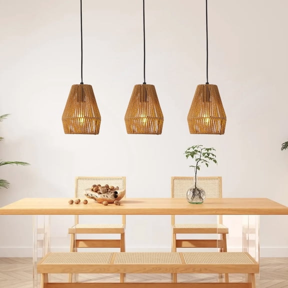 7” Set of 3 Rustic Hemp Rope Pendant Light Handcrafted Farmhouse Hanging Light Fixture