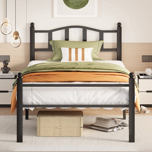 S.Tcak Metal Twin Size Bed Frame with Headboard, Heavy Duty, 12in Under Bed Storage, Easy Assembly, Black