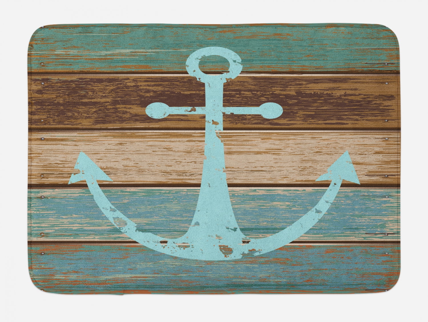 Anchor Bath Mat, Timeworn Marine Symbol on Weathered Wooden Planks Rustic Nautical Theme, Non