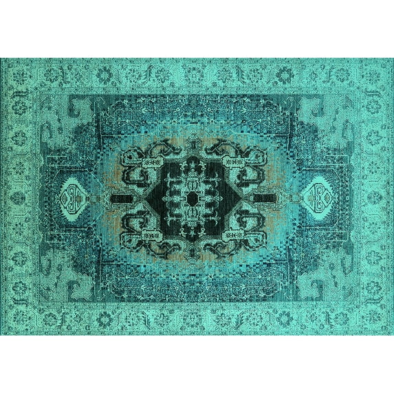 Ahgly Company Machine Washable Indoor Rectangle Oriental Turquoise Blue Industrial Area Rugs, 5' x 8'