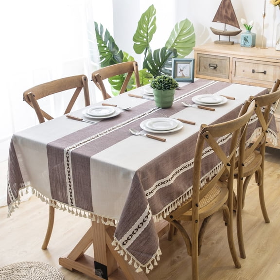Enova Home High Quality Tablecloth with Tassels, Thick Rectangle Cotton and Linen Table Cover for Dining Table Decoration (Purple White ) - 54" x 78"