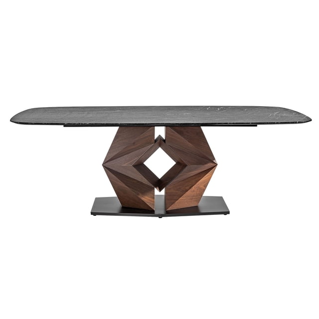 mesa de comedor orlanda plateado kessa muebles Mesa de comedor Orlanda plateado Kessa Muebles, vista frontal centrada de 220 x 75 x 120 cm. Cubierta de mármol imitación oscura rectangular con bordes redondeados; pedestal geométrico de acero inoxidable plateado con paneles en tono nogal formando un hueco cuadrado y base metálica plana. Apta también para uso como mesa de reuniones en comedor o sala de juntas pequeña.