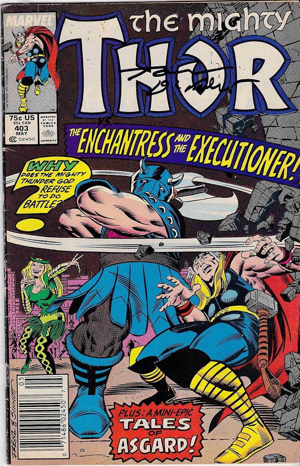 Autographed The Mighty Thor #403 FINE/VF. Signed Tom Defalco Comic