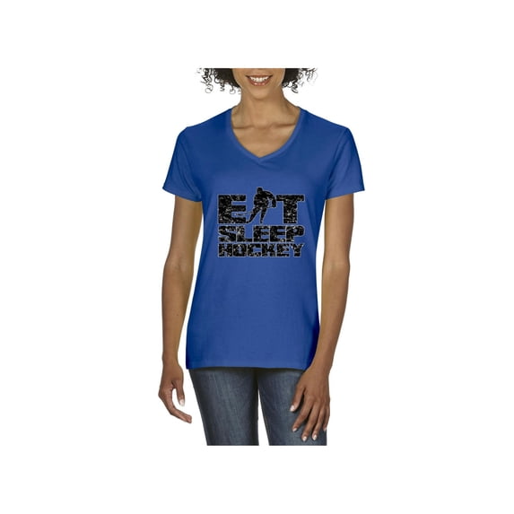 MmF - Women's T-Shirt V-Neck Short Sleeve, up to Women Size 3XL - Eat Sleep Hockey